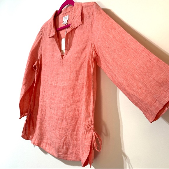 Sigrid Olsen 100% Linen Pullover Shirt with side ties Coral S Small - Picture 7 of 11
